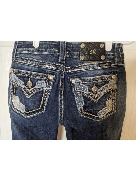 Miss Me Denim - Miss Me Jeans Womens 26 Signature Boot Embellished Low Rise Studded Denim Blue